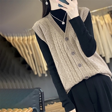 2024年秋冬季休闲/淑女V领单排扣百搭马甲V领麻花羊毛马甲开衫，女装马甲，丽特绒