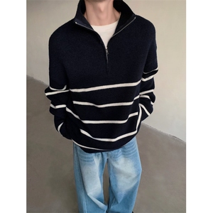 半拉链针织衫男士韩版潮流高街条纹拼色2024冬季毛衣MZ712-P51图片