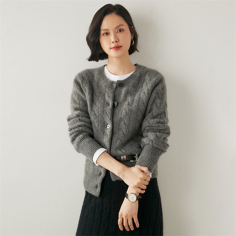 三股加厚~绞花山羊绒开衫2025秋冬女装通勤百搭针织羊毛毛衣外套图片