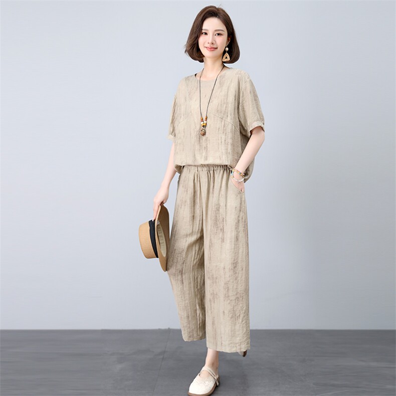 休闲时尚套装女2025夏季新款宽松显瘦气质上衣松紧腰九分裤两件套，女装套装/套裙，悦见她