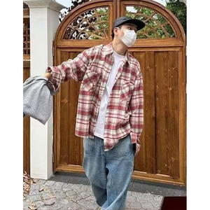 春秋季长袖格子衬衫男款复古宽松格纹外套百搭男生衬衣 CS52图片