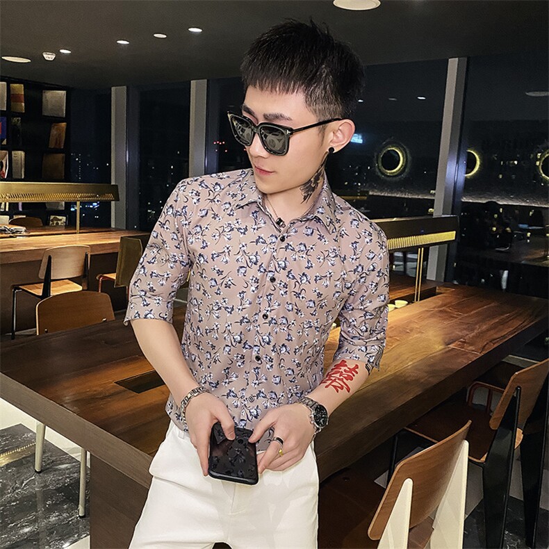 312A-115-P55新款社会小伙中袖衬衫韩版潮流男士五分袖衬衣B,男装T恤,星座312A-5