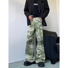 美式迷彩微喇休闲牛仔裤男风宽松百搭通勤刺绣高街阔腿长裤潮，男装牛仔裤，星座1013