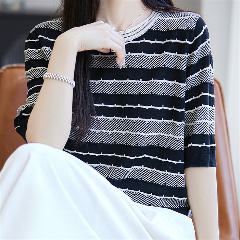 拼色圆领莱赛尔天丝针织五分袖上衣女薄款短袖T恤宽松半袖打底衫,针织衫/毛衣,唐诺