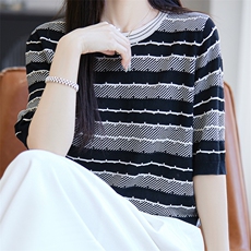 拼色圆领莱赛尔天丝针织五分袖上衣女薄款短袖T恤宽松半袖打底衫，女装针织衫/毛衣，唐诺