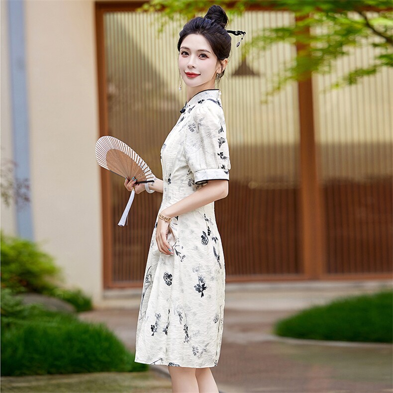现货四季青十三行夏季国风新中式仿缎面印花提花短袖连衣裙旗袍,女装连衣裙,欣贝拉