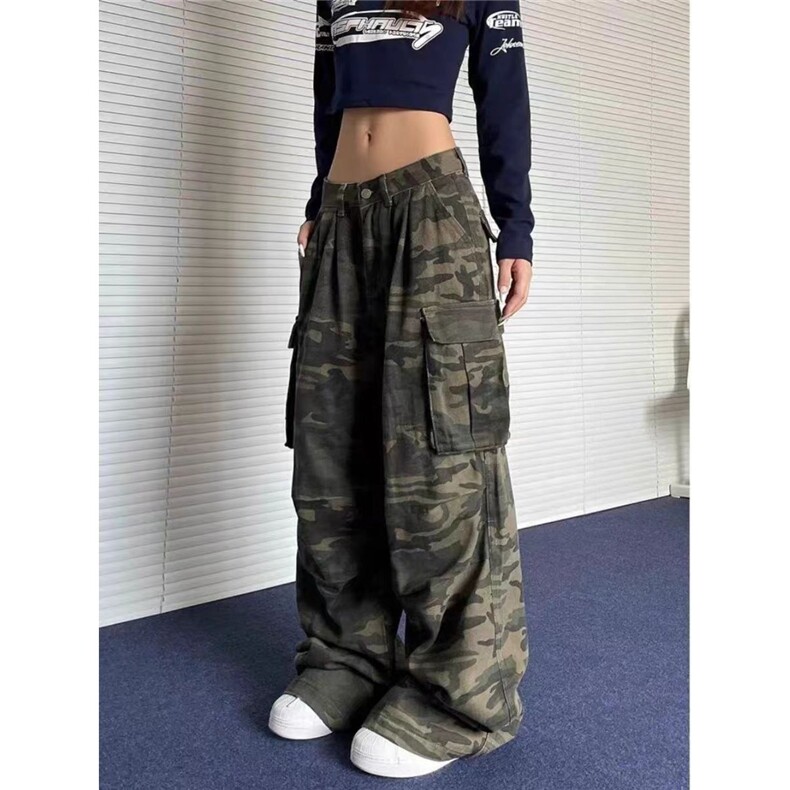 美式复古褶皱多口袋迷彩工装牛仔裤女高街潮牌显瘦堆积感拖地裤子,男装牛仔裤,星座1210-1