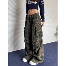 美式复古褶皱多口袋迷彩工装牛仔裤女高街潮牌显瘦堆积感拖地裤子，男装牛仔裤，星座1210-1