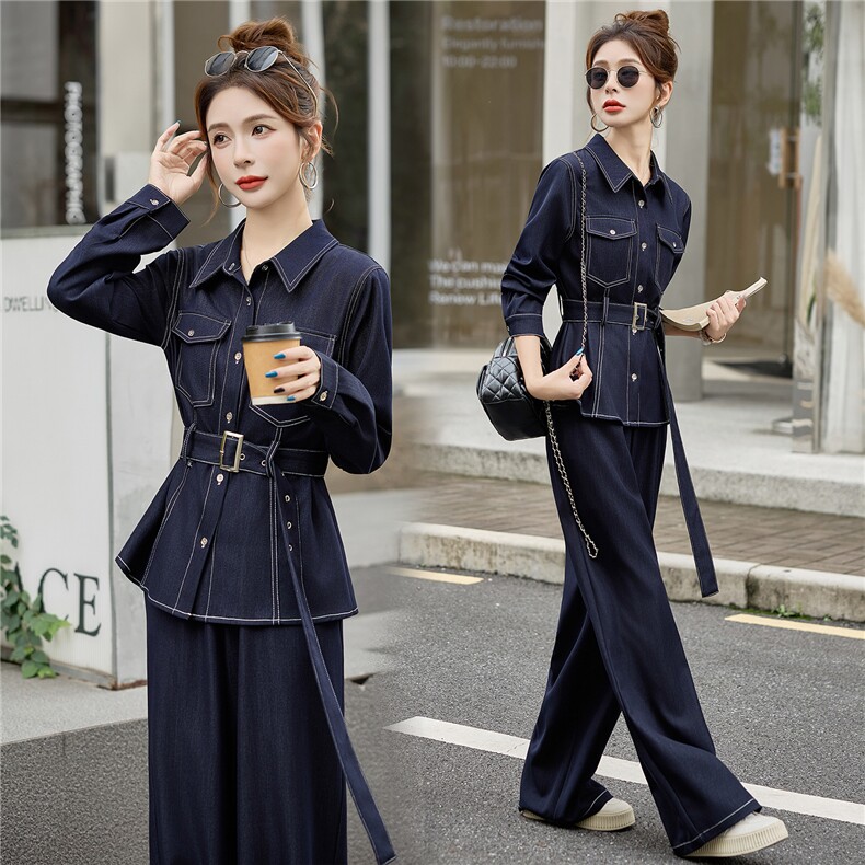 （新款现货）2026春装时尚显瘦天丝牛仔阔腿裤两件套（配腰带），女装套装/套裙，印象茜