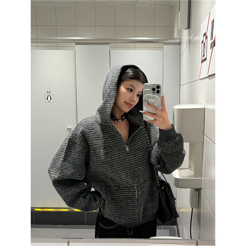 新美式复古条纹拉链开衫连帽卫衣男女百搭情侣外套513AKS2408P57,女装短外套,星座513A