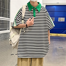 复古条纹polo衫有领T恤男士夏季翻领蓝白五分袖半截短袖PL056-P32，男装Polo衫，星座308B-1