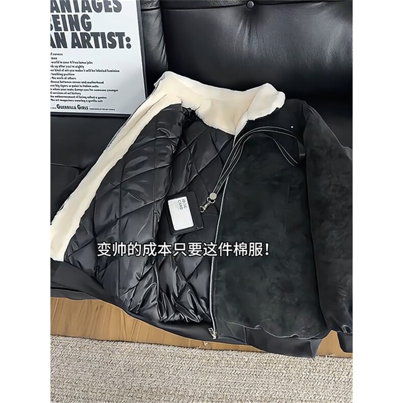 现货重磅硬挺boxy羽绒棉衣座山雕羊羔毛领洗水麂皮棉服冬外套,男装棉衣,电商A486