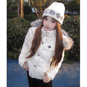 1506-1/M79071/P99美式复古气质米白色毛领连帽棉服外套男女同款图片