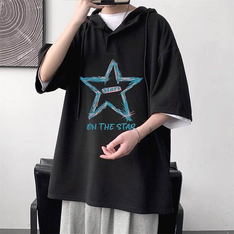 LD54340-P45NASA 连帽短袖t恤男大码胖子带帽五分袖中袖图片