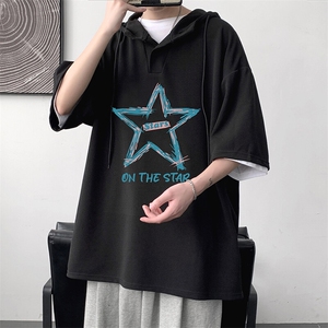 LD54340-P45NASA 连帽短袖t恤男大码胖子带帽五分袖中袖图片