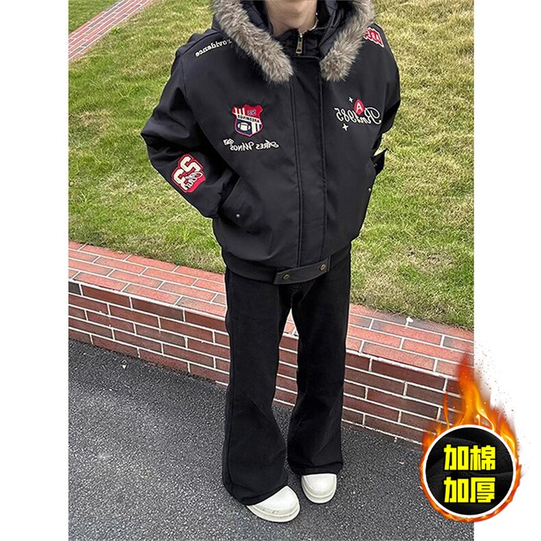 现货高品质美式高街重磅刺绣座山雕大毛毛领棉衣男女加厚棉服外套,男装棉衣,电商A486