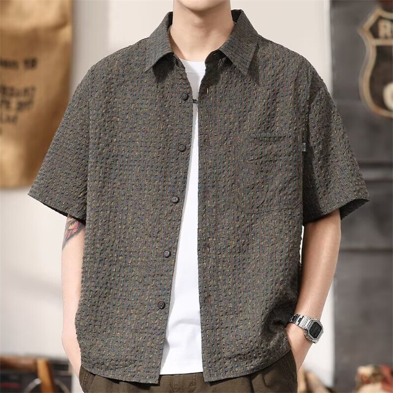 衬衫男短袖2025新款夏季轻奢复古肌理高级感男士休闲外套潮流格纹,男装衬衫,星座506A