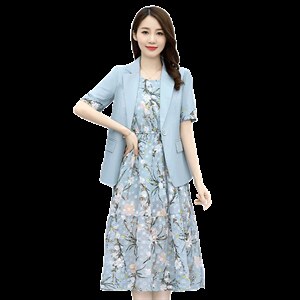2023夏季新款简约时尚休闲西装外套+圆领花色连衣裙两件套图片