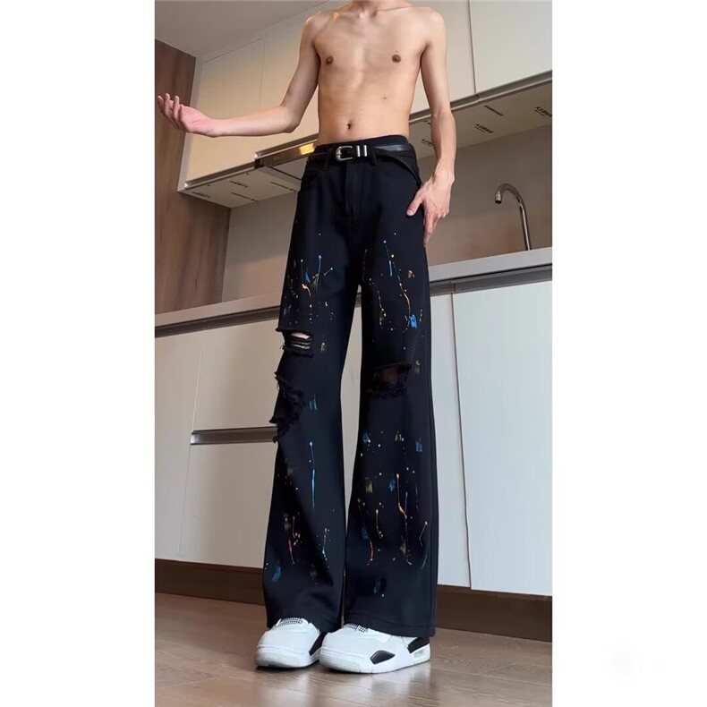 日系泼墨破洞牛仔裤男夏季薄款气质新款潮流N317-P47,男装牛仔裤,星座208-5