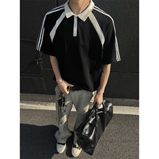 得物抖音高品二开240克纯棉美式高街痞帅翻领POLO织带短袖T恤，男装T恤，电商A486-1