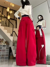 美式复古阔腿拼色休闲裤男女秋季潮流潮牌垂坠慵懒风长裤子P68，男装休闲裤，四季星座218-1