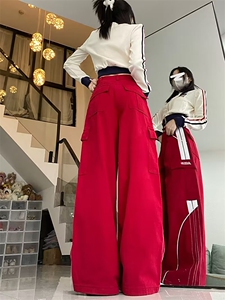 美式复古阔腿拼色休闲裤男女秋季潮流潮牌垂坠慵懒风长裤子P68图片