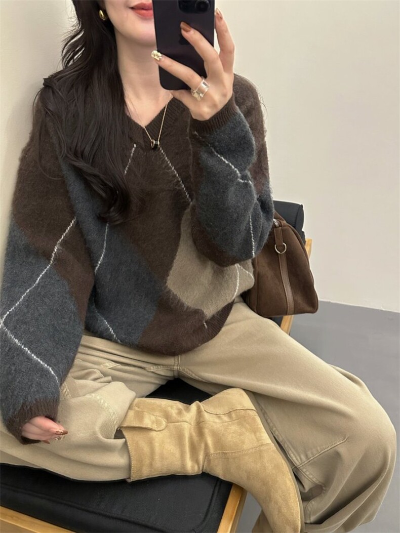 2025年秋季常规时尚百搭通勤简约休闲小V领菱形格，女装针织衫/毛衣，臻纶羊绒