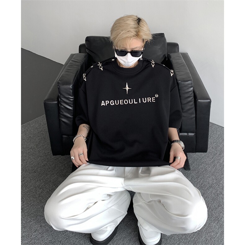 8XL-M夏季小众解构飞机扣一字肩设计稿短袖立体T恤卫衣男DX331P58,男装卫衣,电商D206-1