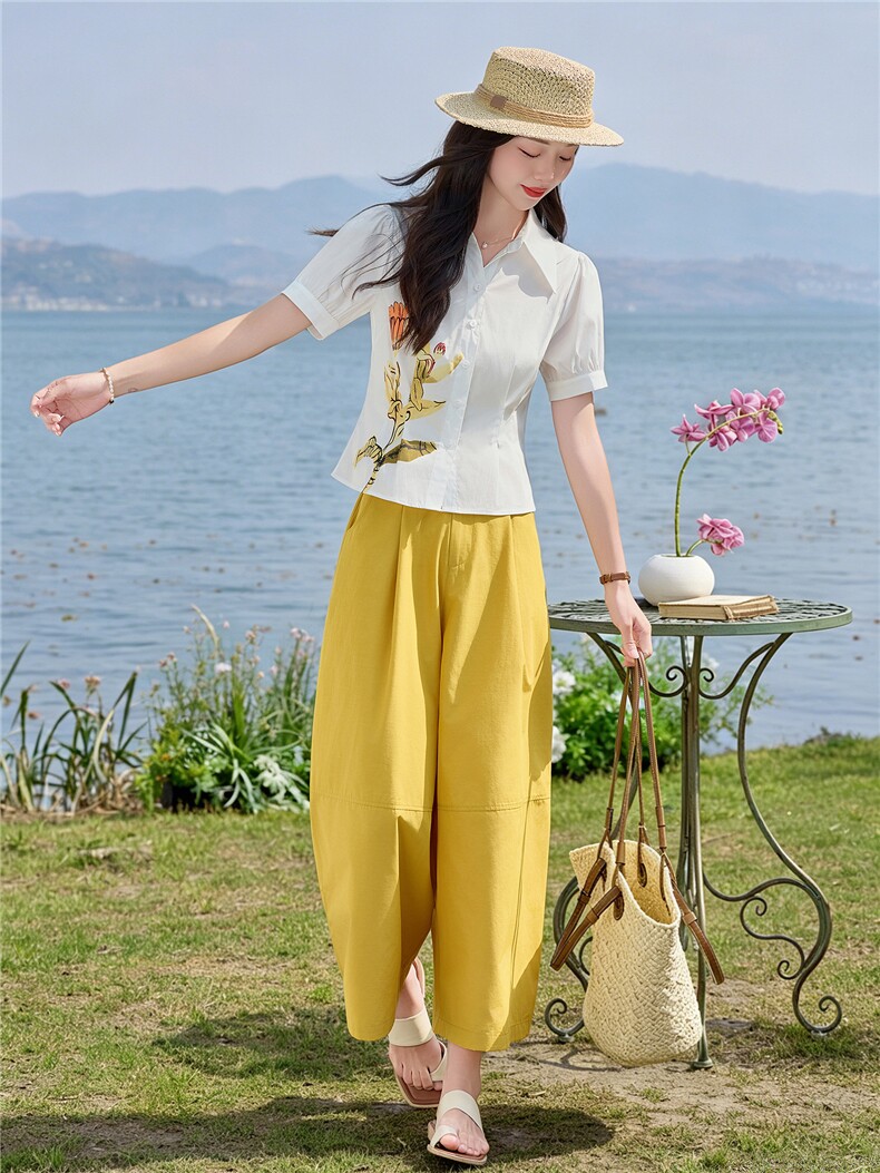 轻熟风时尚小翻领衬衫套装女2026夏气质印花上衣休闲裤两件套,女装套装/套裙,水衣源