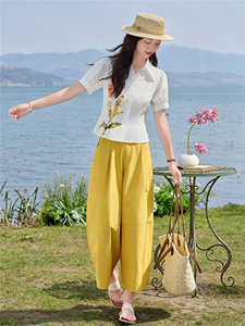 轻熟风时尚小翻领衬衫套装女2026夏气质印花上衣休闲裤两件套图片