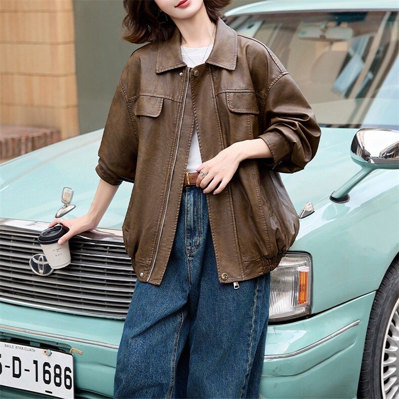 美拉德皮衣外套女早秋学院风棕色皮衣美式痞帅皮夹克2024新款高级，女装皮衣，美拉德工厂直营店