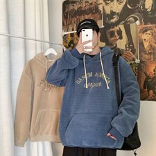 703-W199-P58秋冬港风加绒羊羔毛卫衣绣花套头帽衫，男装卫衣，星座703