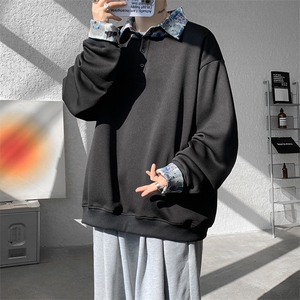 WY10101-特批45 秋季撞色拼接假两件高级感衬衫领卫衣男内搭大码图片