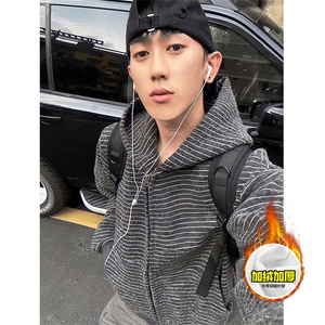 480G重磅加绒硬挺boxy男女秋冬美式高街条纹毛呢卫衣开衫厚外套