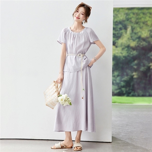 2026年夏季休闲时尚宽松压褶花边圆领上衣半身长裙两件套装图片