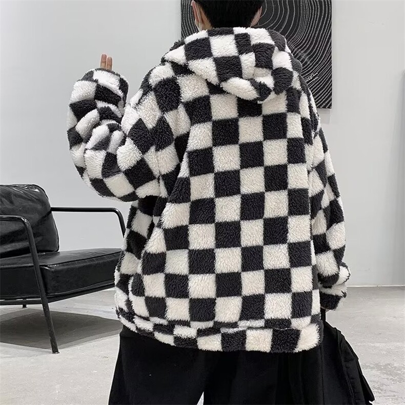 棋盘格棉服男ins潮宽松休闲冬季百搭棉袄羊羔绒连帽棉衣外套,男装夹克,星座716-4