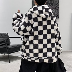 棋盘格棉服男ins潮宽松休闲冬季百搭棉袄羊羔绒连帽棉衣外套，男装夹克，星座716-4