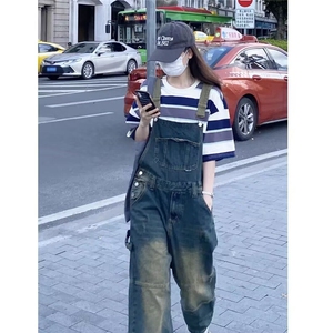 美式复古重磅宽松洗水怀旧磨旧高街直筒连体牛仔背带裤吊带裤男女图片