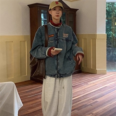 潮牌美式复古立领做旧情侣牛仔外套男春季贴布机车赛车服夹克上衣，男装工装外套，星座1210-1