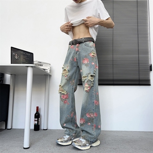 满印玫瑰花朵牛仔裤男款美式复古裤子慵懒风阔腿微喇裤NZ729-P48图片