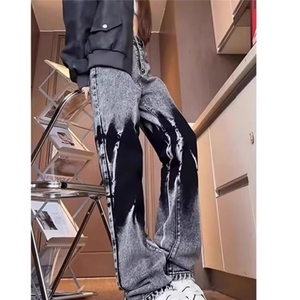 美式扎染牛仔裤窄版修身显瘦直筒休闲裤炸街痞帅小众微喇弯刀裤图片
