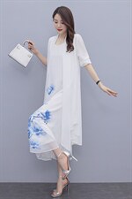 广东十三行连衣裙女大码胖mm显瘦春夏中年妈妈雪纺印花裙图片