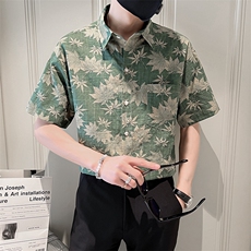 23新品树叶花短袖衬衫男士宽松社会小伙衬衣潮牌TZ98P5078，男装T恤，电商B413