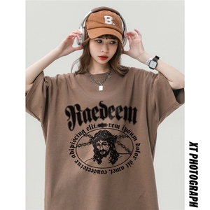 中性风新款夏季时尚复古圆领印花百搭宽松短袖T恤T1150P25控38图片