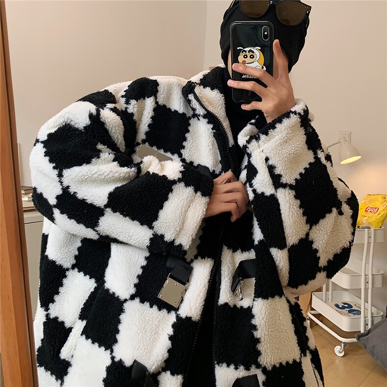 1冬季港风情侣羊羔毛棉衣男棉服男棋盘格宽松外套男MY7535P135,男装棉衣,星座226-2