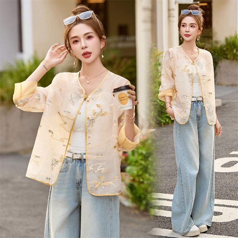 重工刺绣欧根纱薄款外套女2025春夏新款独特漂亮新中式防晒衣上衣，女装防晒衣，布芭啦