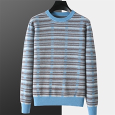 男士圆领竖条纹提花羊毛羊毛衫新款舒适柔软保暖民族风长袖男装，男装羊毛衫，枫宸羊绒