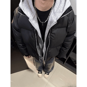 现货高品质重磅工艺美式高街假两件PU皮棉衣男女加厚棉服外套图片