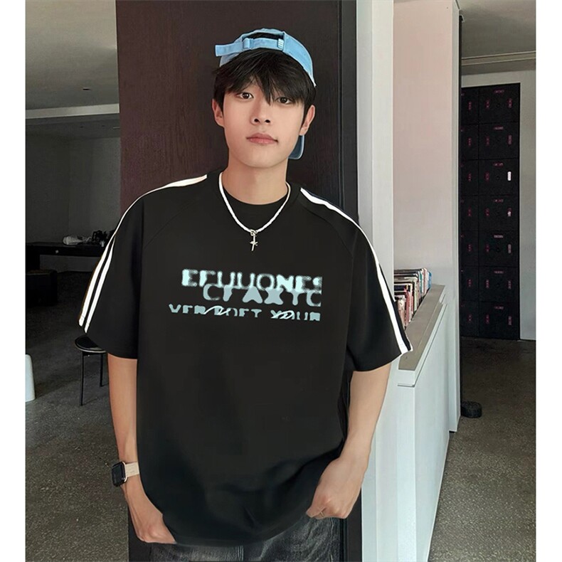 抖音得物高品质二开240克宽松纯棉美式潮牌三条杠织带短袖T恤,男装T恤,电商A486