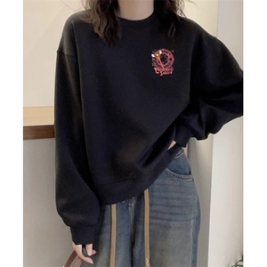 简约黑色圆领卫衣女款春秋冬季潮牌宽松休闲上衣 WE490图片
